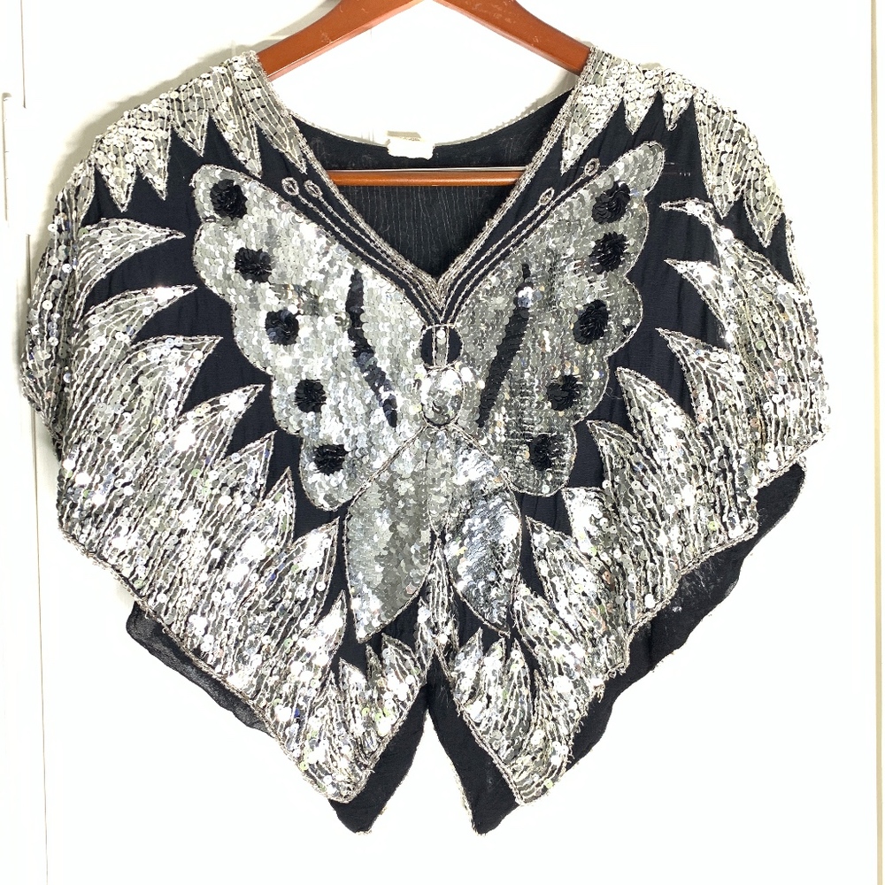 Vintage Pure Silk Butterfly Sequin Top